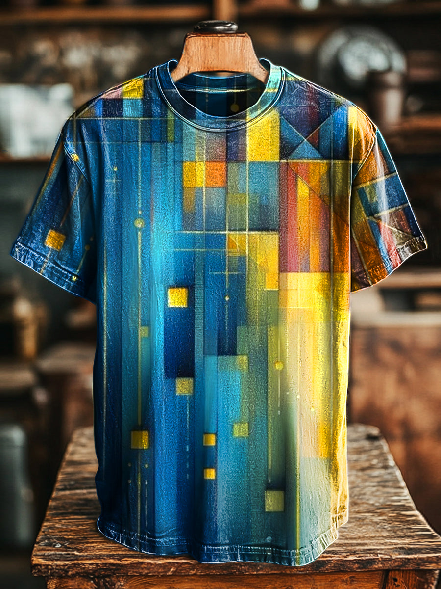 Herren T-Shirt mit abstraktem geometrischem Muster in Blau-Gelb – Baumwollmix, Modern, Kurzarm