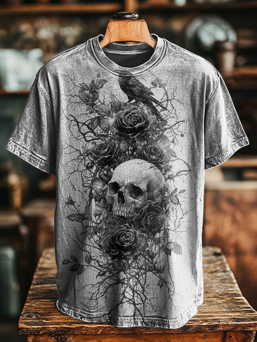 Herren Gothic T-Shirt mit Totenkopf, Rabe und Rosen – Baumwollmix, Dunkelromantischer Stil, Kurzarm