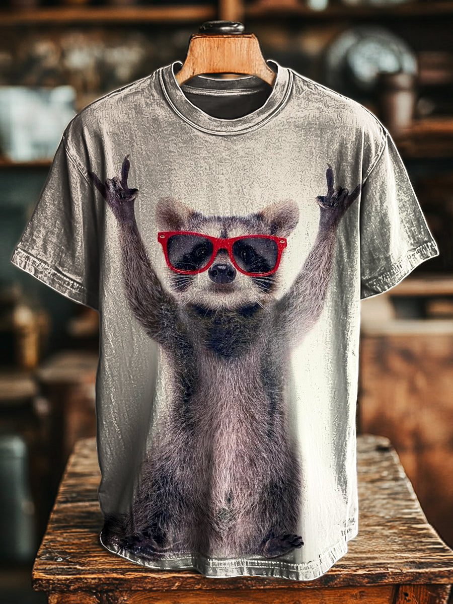 Herren T-Shirt mit Waschbär-Motiv und Sonnenbrille – Lustiges Print Shirt aus Baumwollmix, Kurzarm