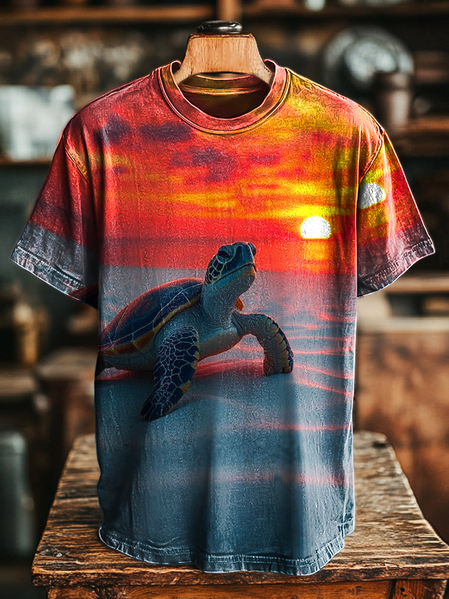 Herren T-Shirt mit Sonnenuntergang und Meeresschildkröte – Naturmotiv Printshirt aus Baumwollmix, Kurzarm