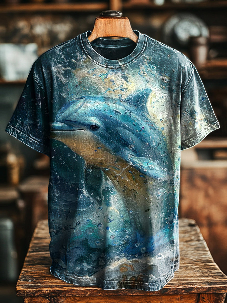 Herren T-Shirt mit realistischem Delfin-Print – Baumwollmix, Meeresmotiv, Locker & Bequem