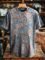 Herren Vintage-T-Shirt mit strukturiertem Barockmuster – Baumwollmix, Lockerer Schnitt, Künstlerischer Look