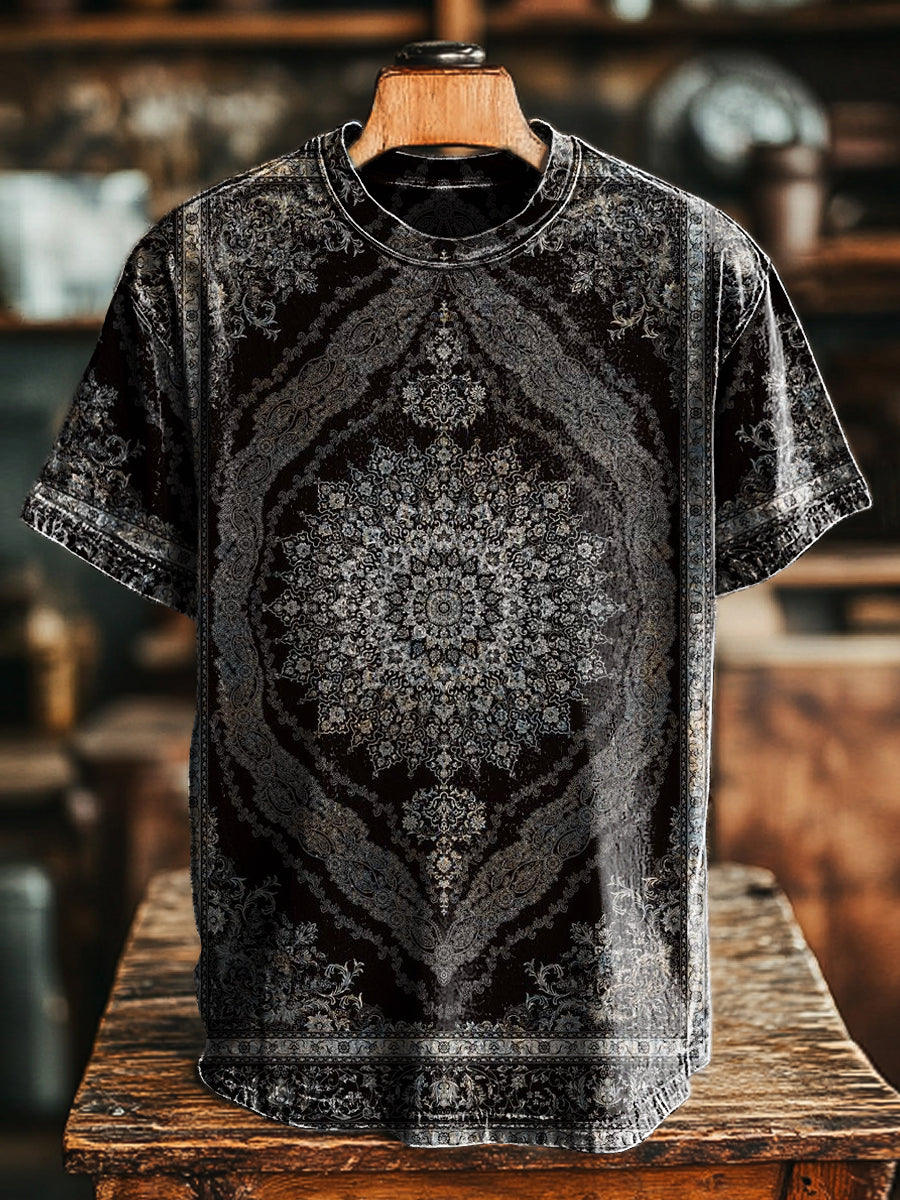 Herren Vintage Kurzarm T-Shirt mit Mandala-Print – Ethno-inspirierter Ornamentdruck aus Baumwollmischung für stilvolle Freizeitlooks