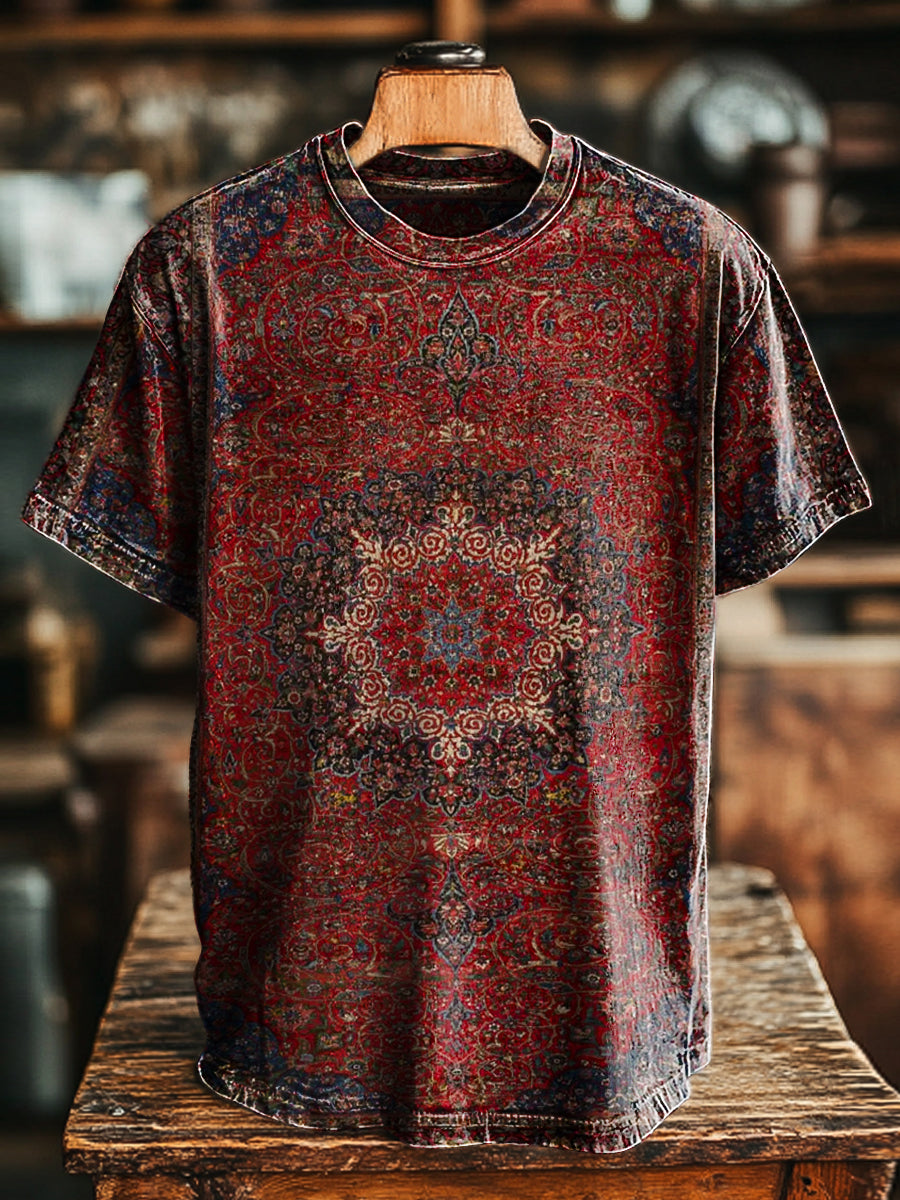 Herren Vintage Rundhals Kurzarm T-Shirt mit orientalischem Teppichmuster – Baumwollmix, bequem & ausdrucksstark für Alltag und Freizeit