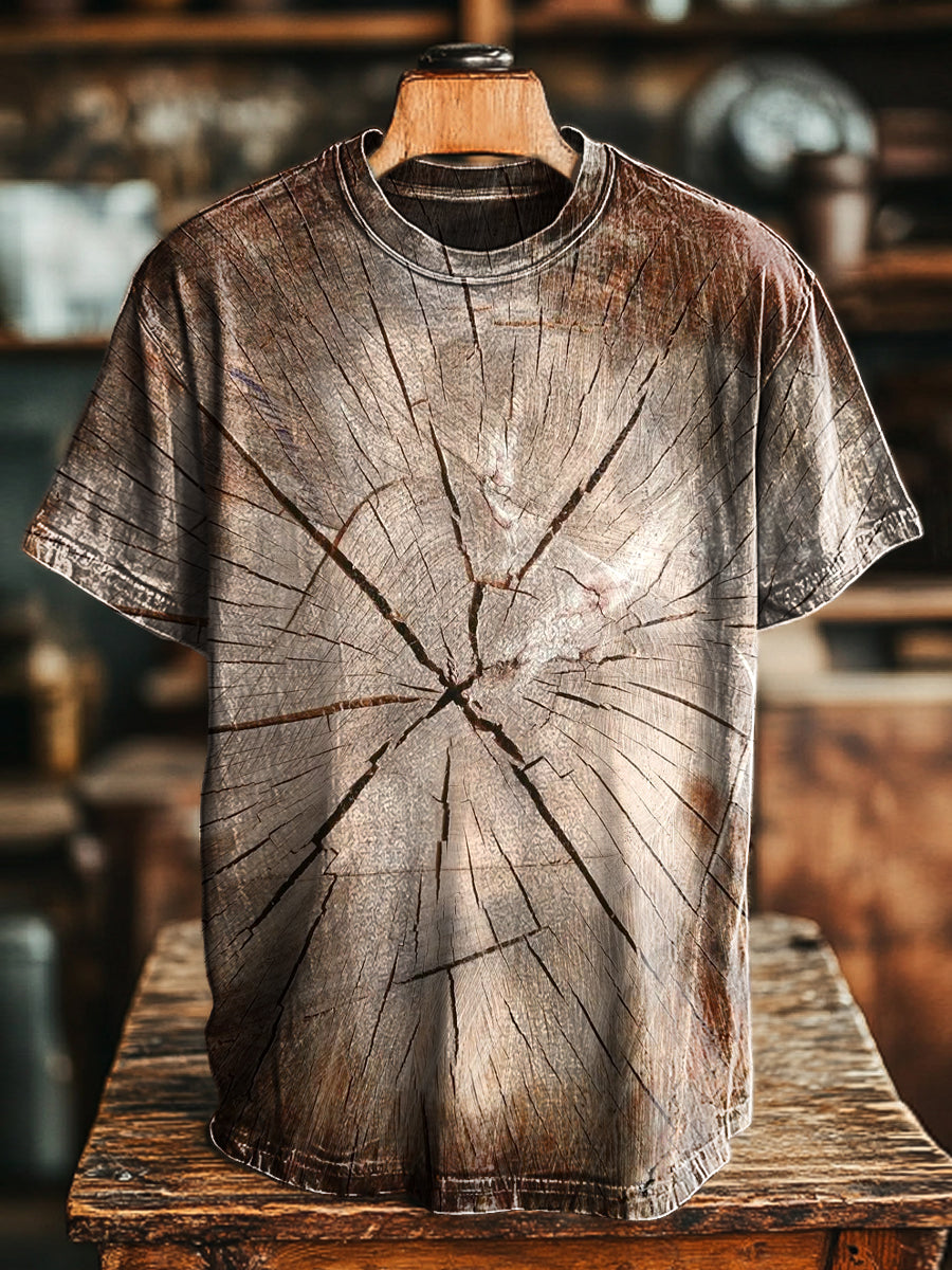 Herren Vintage Rundhals T-Shirt mit realistischem Baumringe-Cracks-Print – Baumwollmix, Natur-inspiriertes Design für Alltag & Freizeit