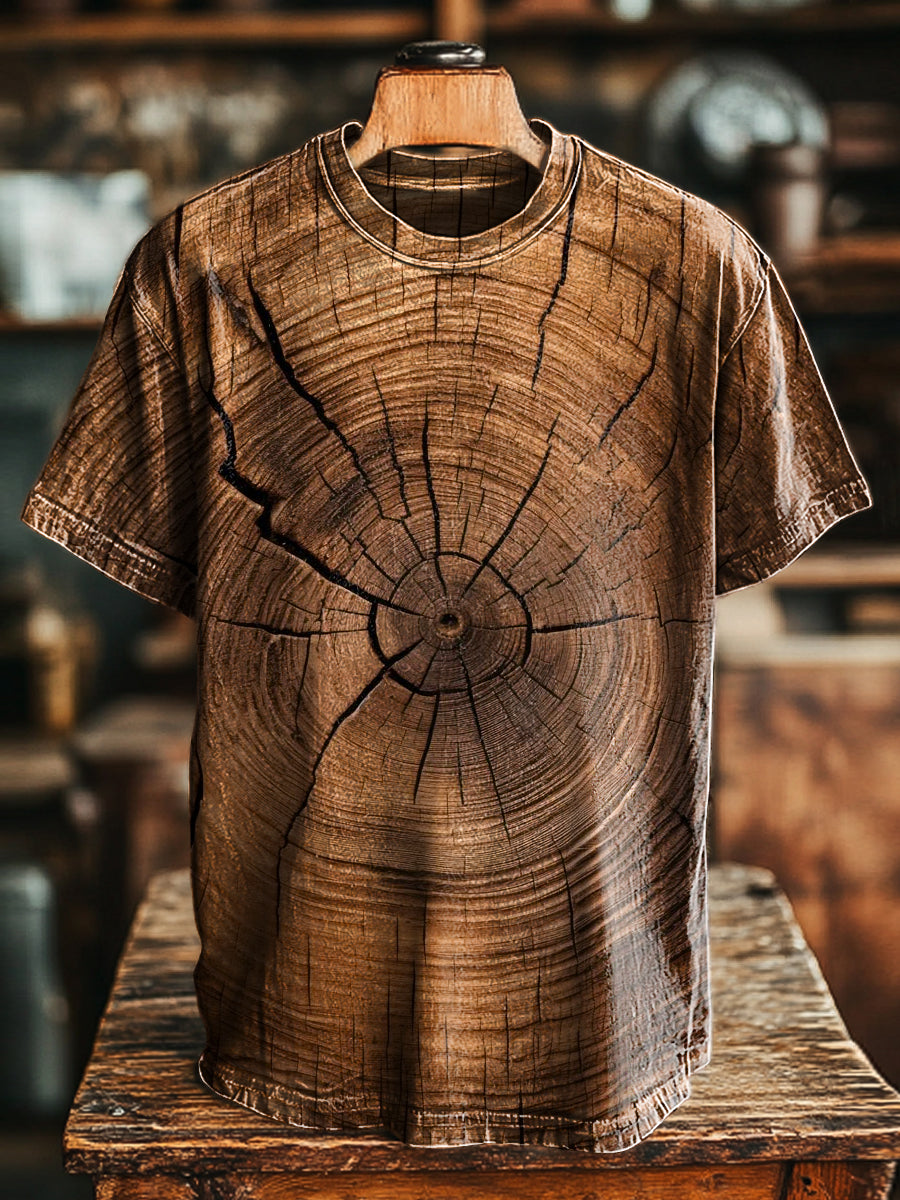 Herren Natur-inspiriertes T-Shirt mit Jahresring-Mittelpunkt Print – Baumwollmischung, Vintage Rundhals, Locker & Bequem für Alltag und Freizeit