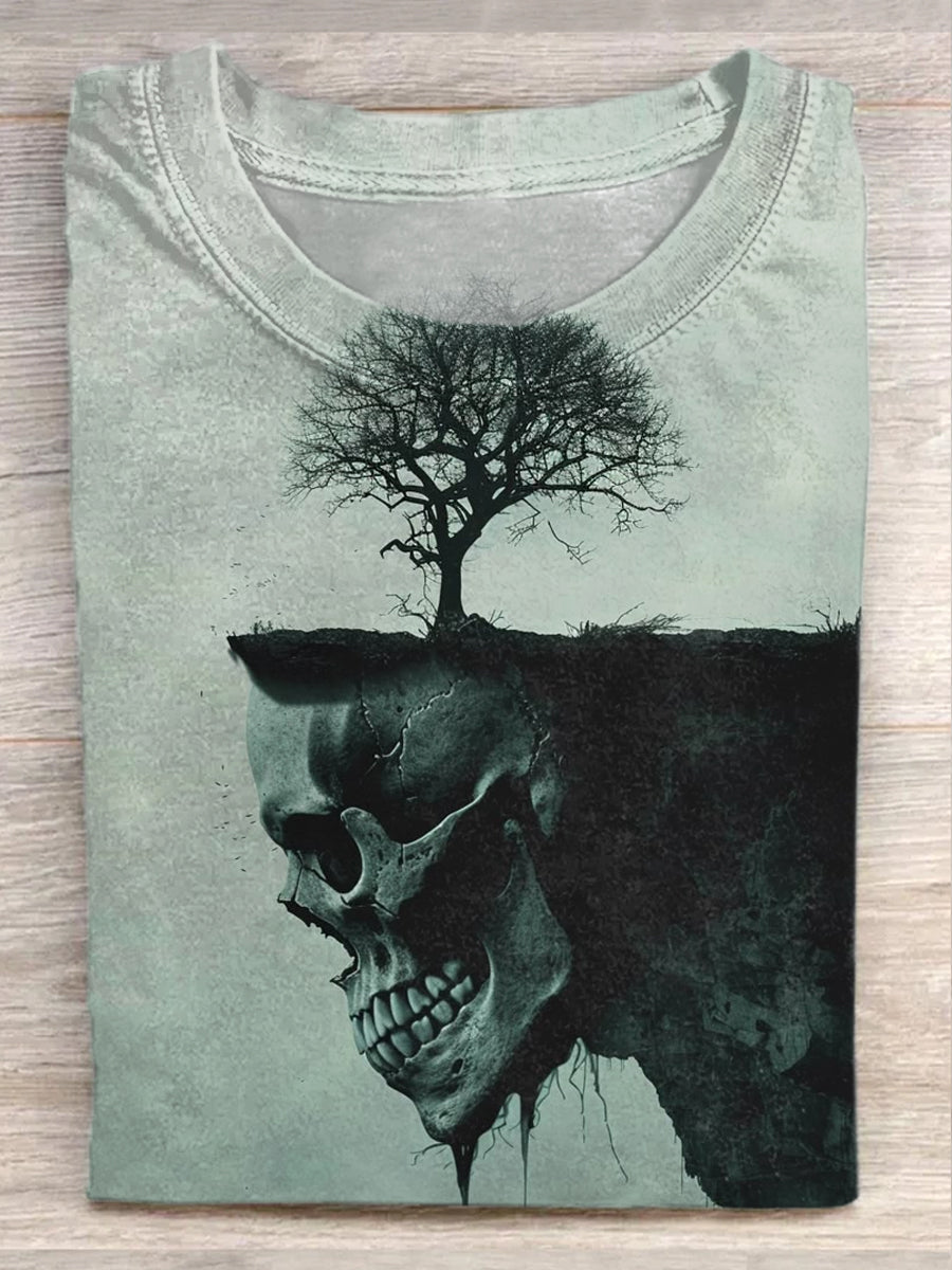 Herren T-Shirt mit Totenkopf-Baum-Kunst – Dunkles Naturmotiv, Künstlerischer Druck, Baumwollmischung für alternative Freizeitlooks