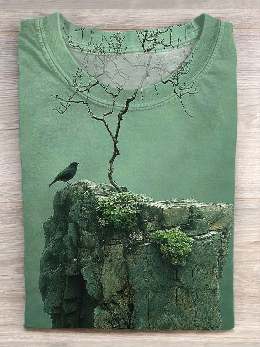 Unisex T-Shirt mit Kunstmotiv „Fels mit Baum und Vogel“ – Natur-inspirierter Druck, Baumwollmix, Symbolisches Design für kreative Freizeitlooks