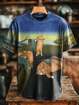 Herren Kurzarm-T-Shirt mit surrealistischem Katzenkunst-Print – Humorvoller 3D-Effekt im Retro-Stil, Baumwollmischung