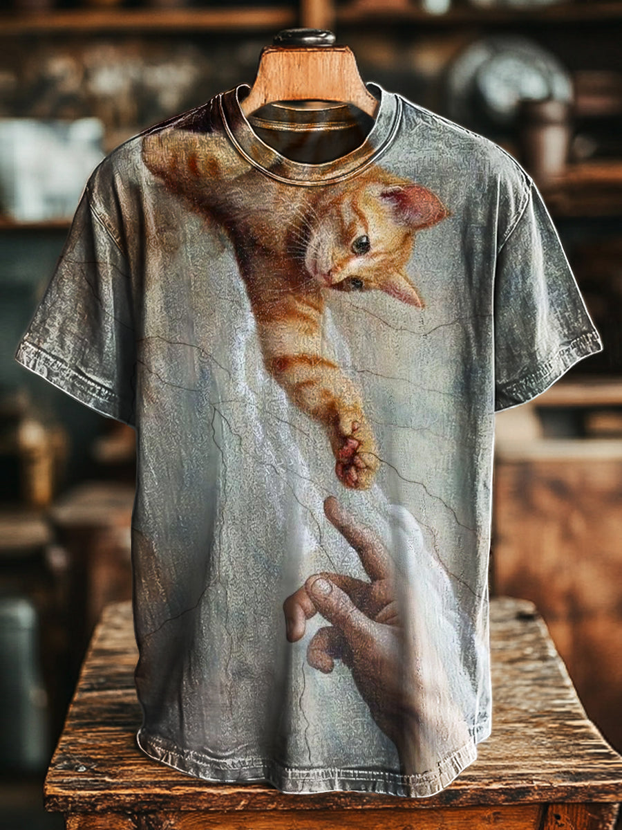 Herren Kurzarm-T-Shirt mit humorvollem “Göttlicher Katzenmoment”-Print – Kunstvoller 3D-Effekt im Michelangelo-Stil, Baumwollmischung