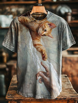 Herren Kurzarm-T-Shirt mit humorvollem “Göttlicher Katzenmoment”-Print – Kunstvoller 3D-Effekt im Michelangelo-Stil, Baumwollmischung