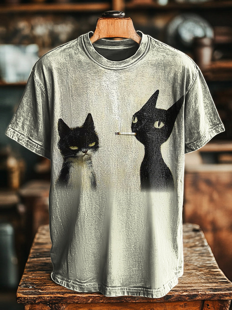 Unisex Spaß Rauchen Katze Print lässig locker T-Shirt