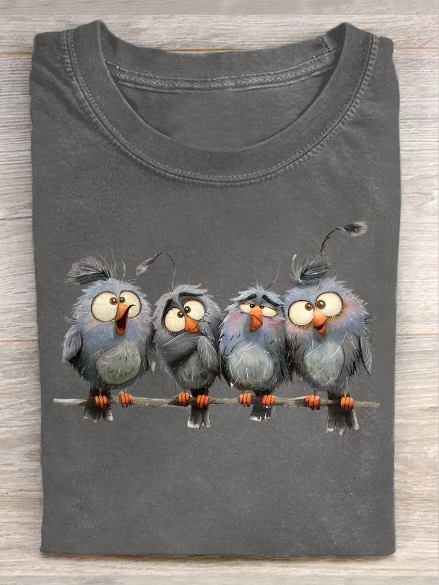 Unisex Kurzarm T-shirt mit lustigem Vogel-Quartett – Humorvolles Cartoon-Design auf weicher Baumwollmischung für Alltag & Freizeit