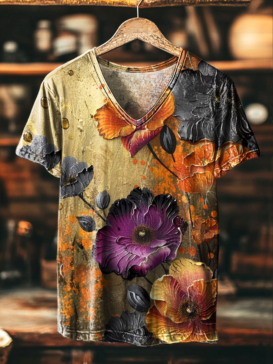Damen V-Ausschnitt T-shirt mit floraler 3D-Kunst – Herbstliche Blütengrafik in warmen Farbtönen