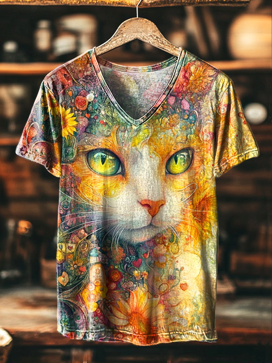 Damen V-Ausschnitt T-shirt mit bunter Katzenkunst – Traumhafte Fantasieblüten & Mystik-Design
