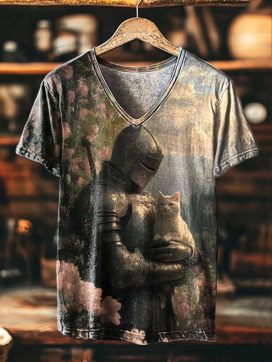 Unisex T-Shirt mit Ritter und Katze Motiv – Fantasy Kunst-Print im Mittelalter-Stil, V-Ausschnitt