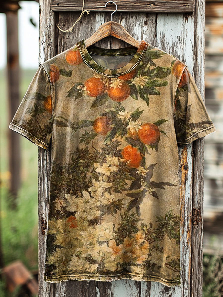 Unisex T-Shirt mit Vintage-Orangenblüten-Muster – Naturdruck im Retro-Stil, Baumwollmix, Kurzarm