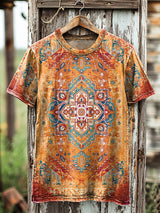 Unisex T-Shirt mit orientalischem Teppichmuster – Vintage Ethno-Stil, Baumwollmix, Allover-Print, Kurzarm