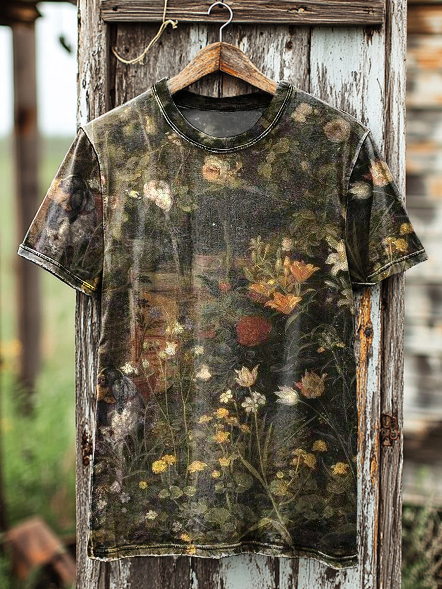 Herren T-Shirt mit Vintage Blumenmuster – Künstlerischer Allover-Print im dunklen Ölgemälde-Stil, Baumwollmix, Kurzarm