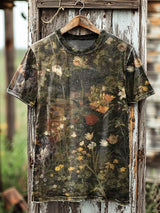 Herren T-Shirt mit Vintage Blumenmuster – Künstlerischer Allover-Print im dunklen Ölgemälde-Stil, Baumwollmix, Kurzarm