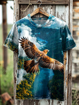 Herren T-Shirt mit Adler-Motiv – Naturdruck „Flug über den Canyon“, Rundhals, Baumwollmix, Kurzarm