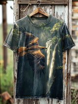 Zezzo Herren T-Shirt mit Adler über Wasserfall – Natur-Fullprint in 3D-Optik, Baumwollmix, Kurzarm, Rundhals