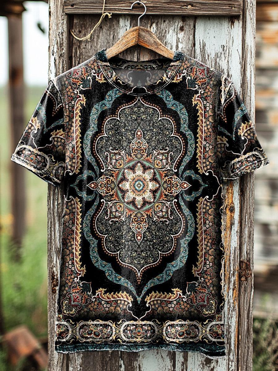 Zezzo Herren Kurzarm T-shirt mit Orientalischem Mandala-Kunstmuster – Baumwollmischung, Vintage-Stil, Rundhalsausschnitt, Unisex
