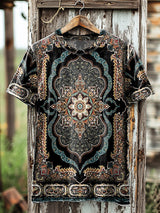 Zezzo Herren Kurzarm T-shirt mit Orientalischem Mandala-Kunstmuster – Baumwollmischung, Vintage-Stil, Rundhalsausschnitt, Unisex