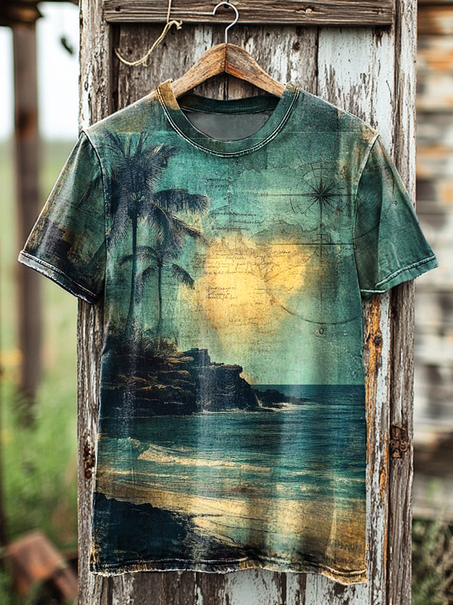 Zezzo Herren Vintage Strand-Print T-Shirt mit Palmen – Baumwollmischung, Sommerlich, Rundhalsausschnitt, Unisex