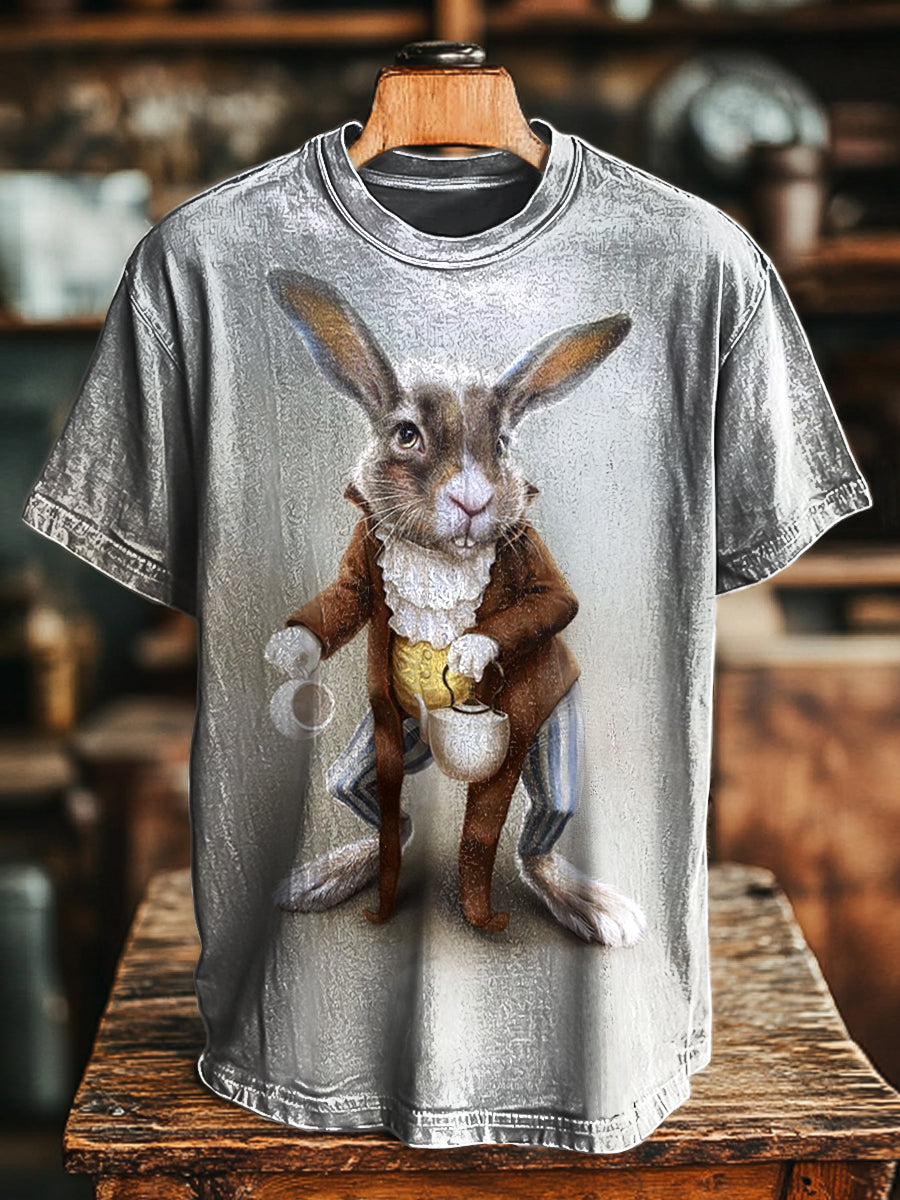 Zezzo Herren Vintage T-Shirt mit Gentleman-Hase Print – Baumwollmix, Humorvoll & Künstlerisch, Rundhals