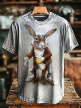 Zezzo Herren Vintage T-Shirt mit Gentleman-Hase Print – Baumwollmix, Humorvoll & Künstlerisch, Rundhals