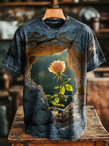 Zezzo Herren T-Shirt mit Fotorealistischer Rose-im-Fels-Motiv – Symbolisch, Kurzarm, Lässiger Schnitt, Baumwollmischung