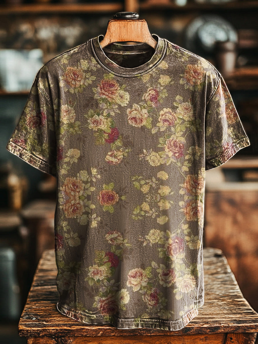 Zezzo Herren Vintage T-Shirt mit Nostalgischem Rosendruck – Kurzarm, Floral, Retro-Stil, Baumwollmischung