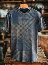 Zezzo Herren T-Shirt mit Geometrischem Linienmuster – Kurzarm, Vintage-Stil, Baumwollmischung, Retro Waschung