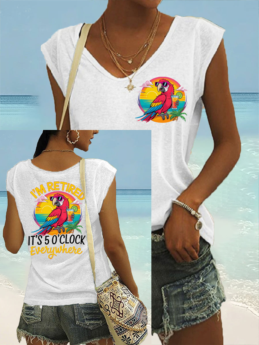 Frauen Ich bin im Ruhestand Es ist 5 Uhr überall Papagei Print lässig ärmelloses T-Shirt