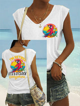 Frauen Ich bin im Ruhestand Es ist 5 Uhr überall Papagei Print lässig ärmelloses T-Shirt