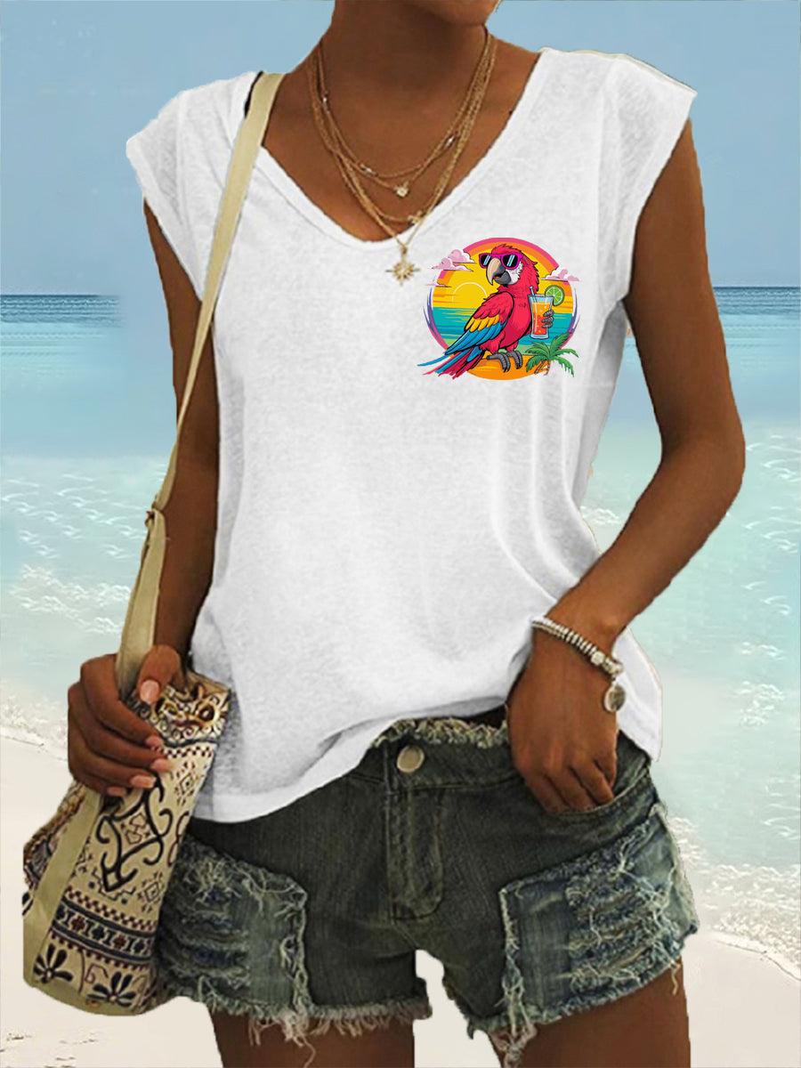 Frauen Ich bin im Ruhestand Es ist 5 Uhr überall Papagei Print lässig ärmelloses T-Shirt