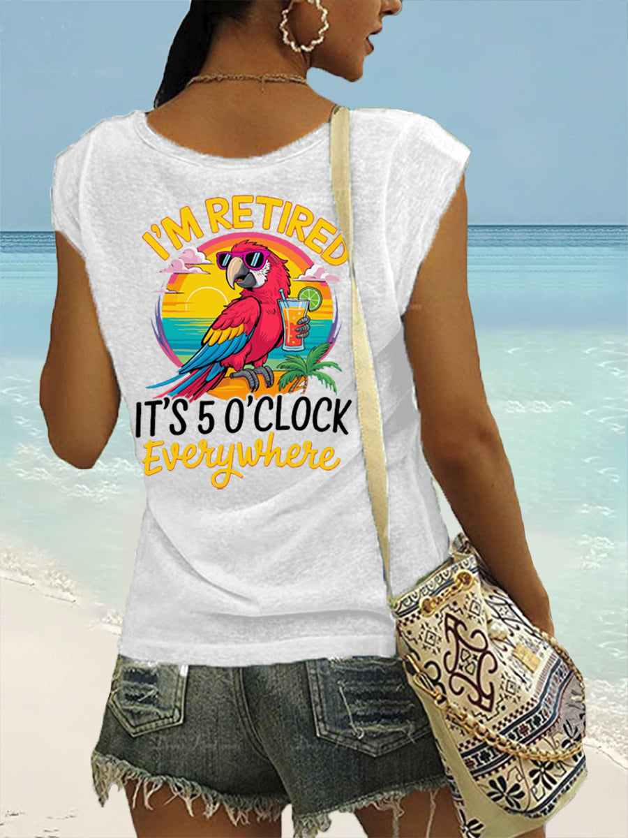 Frauen Ich bin im Ruhestand Es ist 5 Uhr überall Papagei Print lässig ärmelloses T-Shirt