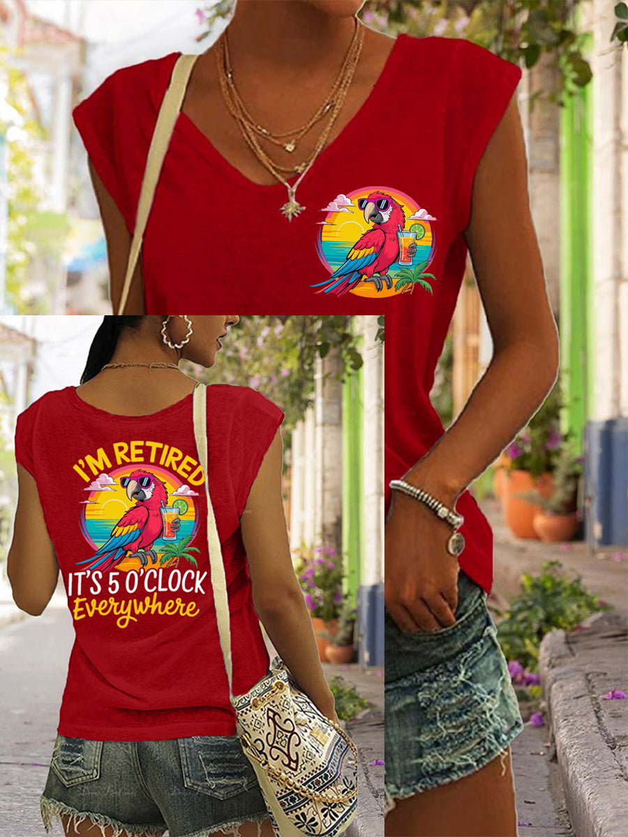 Frauen Ich bin im Ruhestand Es ist 5 Uhr überall Papagei Print lässig ärmelloses T-Shirt