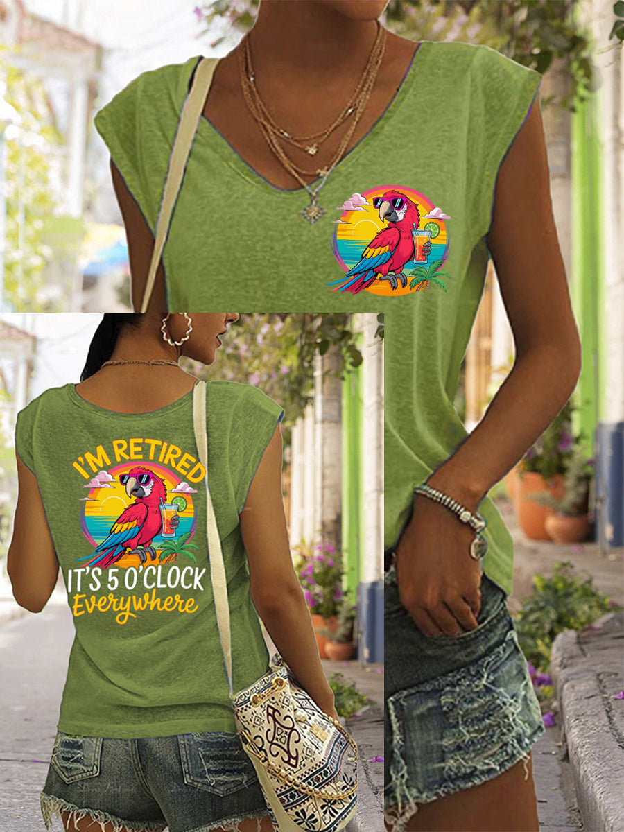 Frauen Ich bin im Ruhestand Es ist 5 Uhr überall Papagei Print lässig ärmelloses T-Shirt