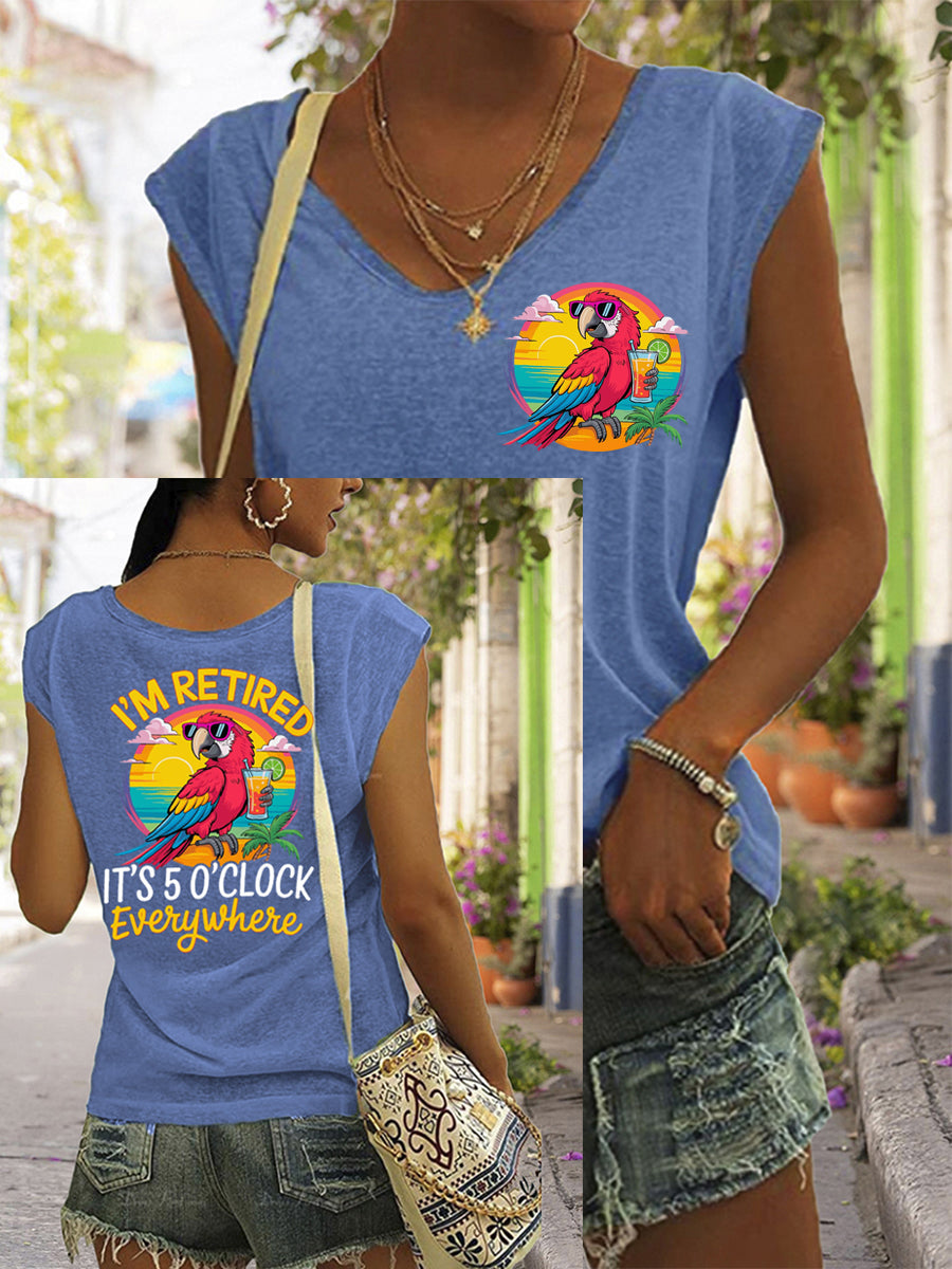 Frauen Ich bin im Ruhestand Es ist 5 Uhr überall Papagei Print lässig ärmelloses T-Shirt