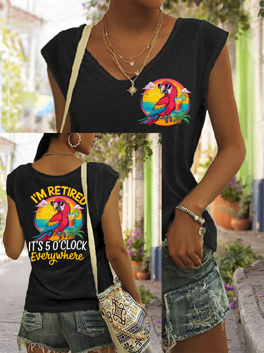 Frauen Ich bin im Ruhestand Es ist 5 Uhr überall Papagei Print lässig ärmelloses T-Shirt