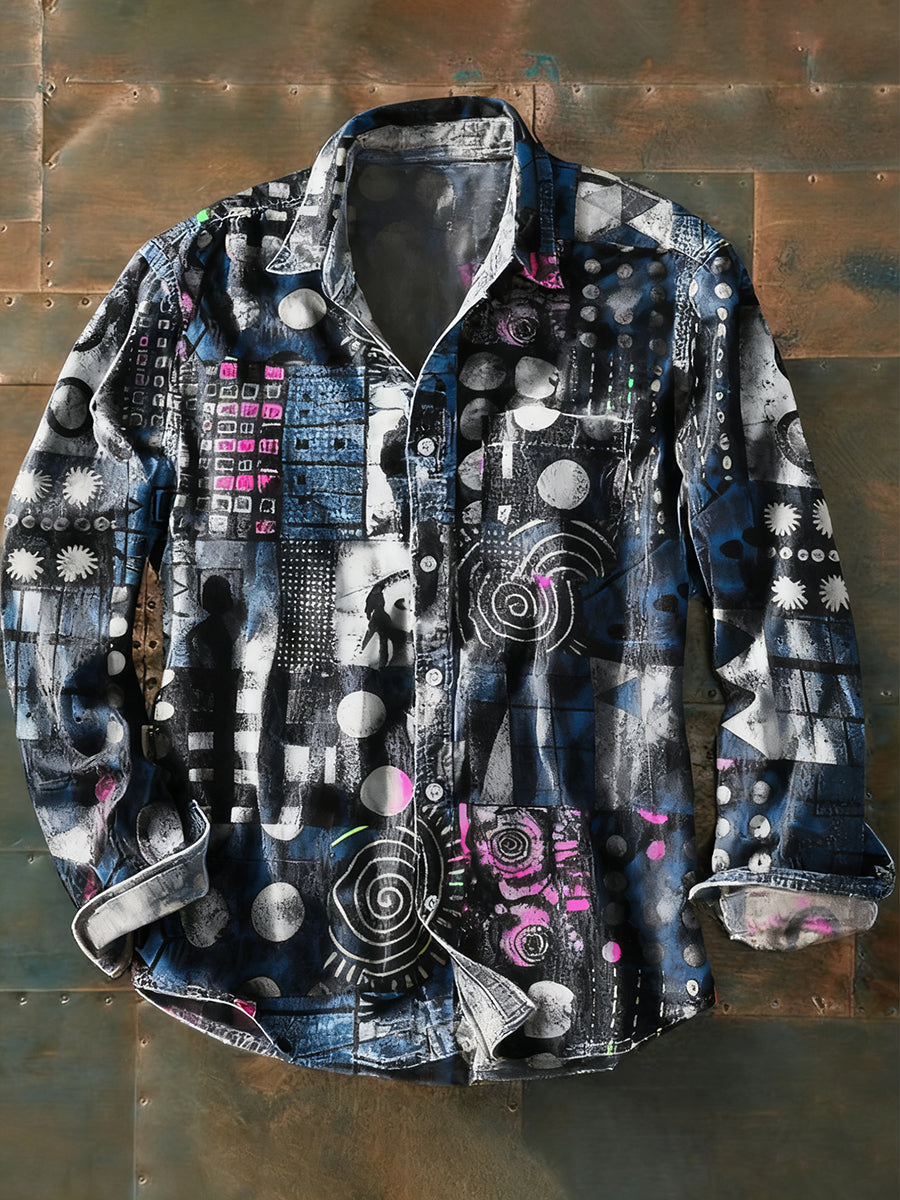 Herren Retro Abstrakt Kunstdruck Lässiges Langarm-Hemd