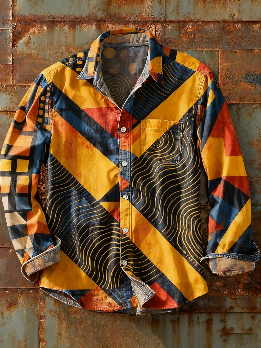Herren Retro Abstrakt Kunstdruck Lässiges Langarm-Hemd