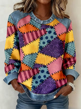 Patchwork-Kunst-Sweatshirt Vintage-geometrisches Muster für Damen