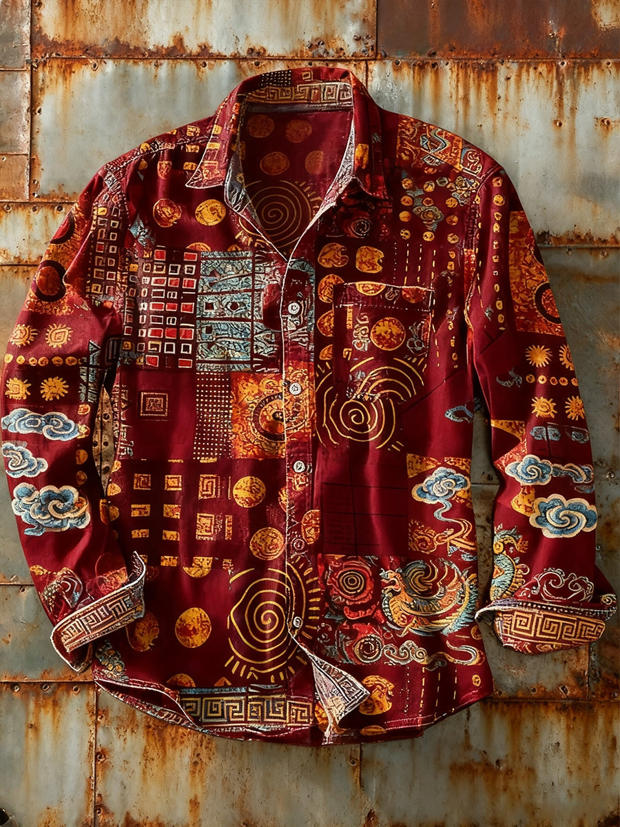 Herren Retro Abstrakt Kunstdruck Lässiges Langarm-Hemd
