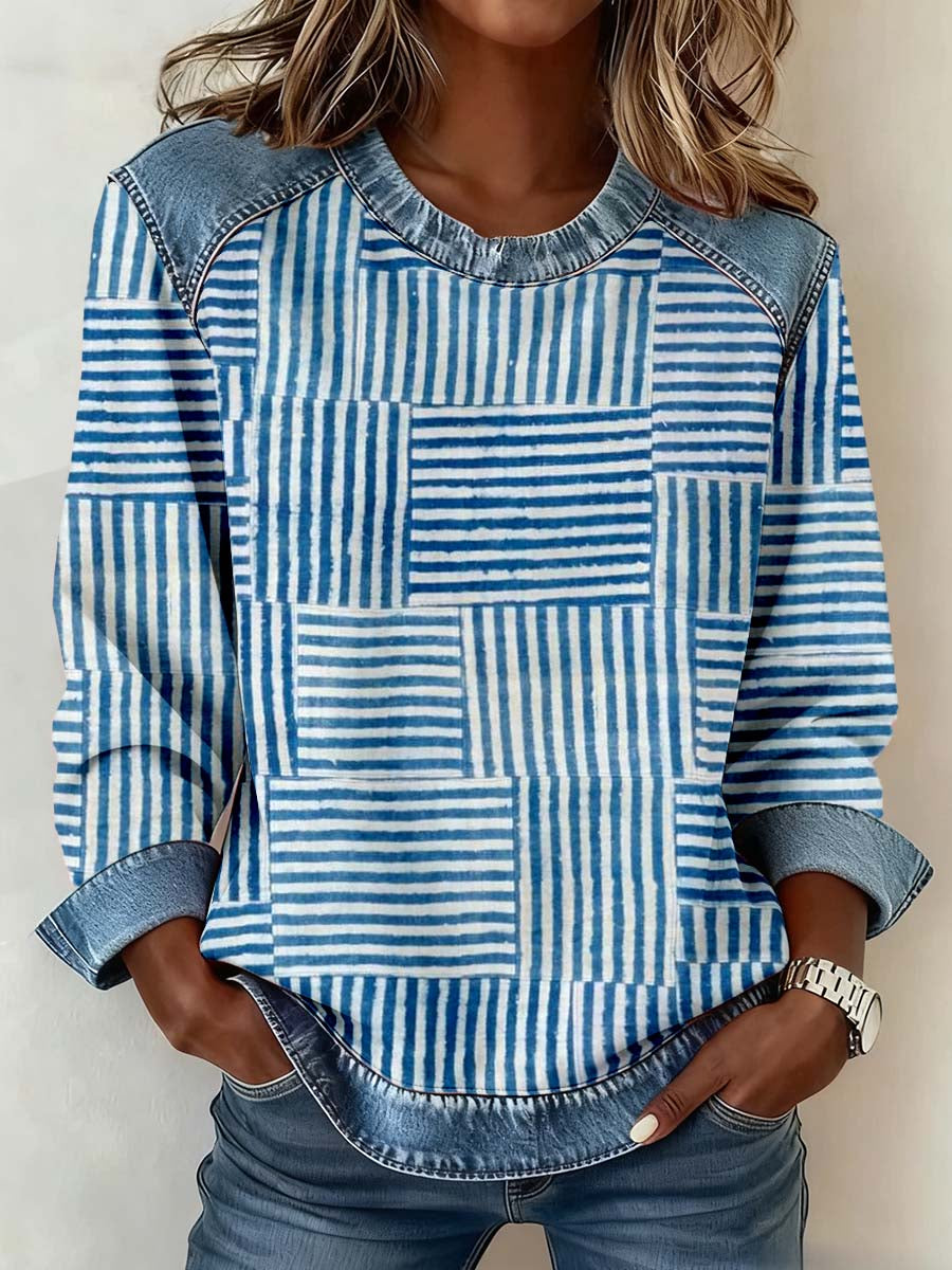 Frauen Aquarell Linie Druck Patchwork Kunst Sweatshirt