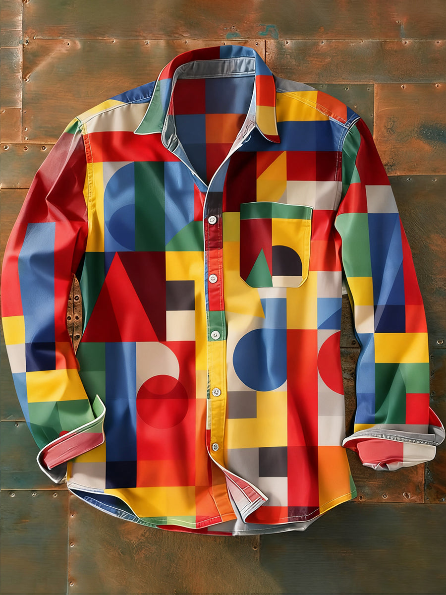 Herren Retro Abstrakt Kunstdruck Lässiges Langarm-Hemd