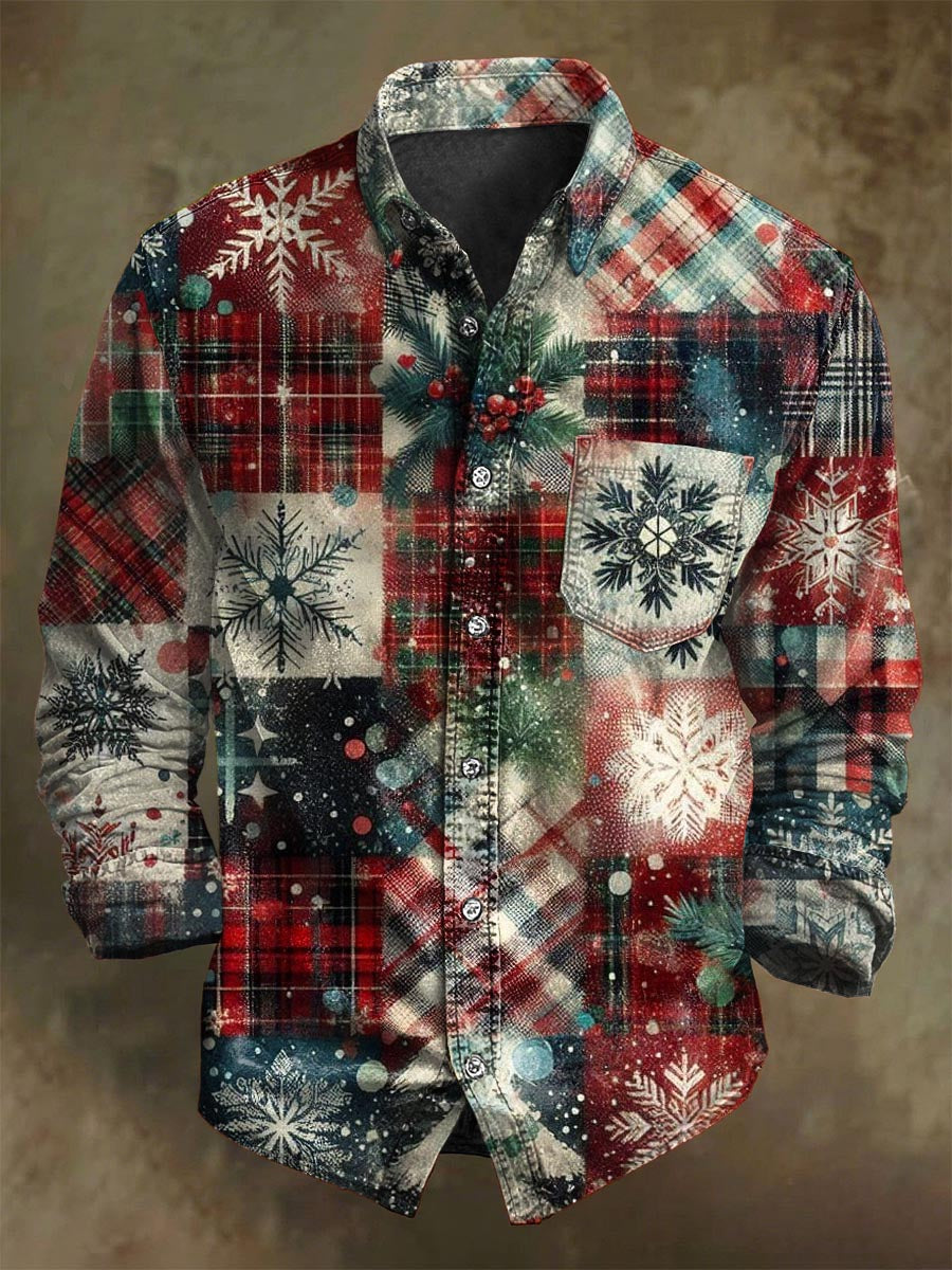 Weihnachtsbaum-Schneeflocke-Karierten-Print-Lässiges Langarm-Shirt