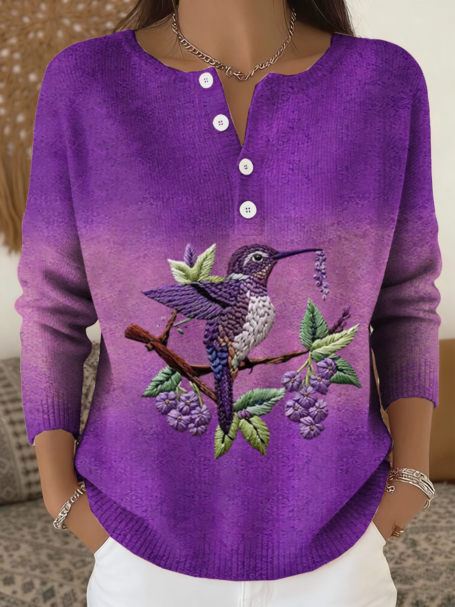 Langarm-Strickjacke für Damen lila Kolibri mit Blumen druck